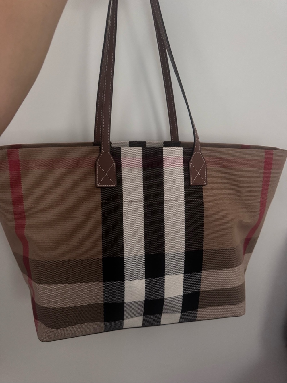 Burberry Beige and Brown Plaid Canvas Tote with Black and White Stripes